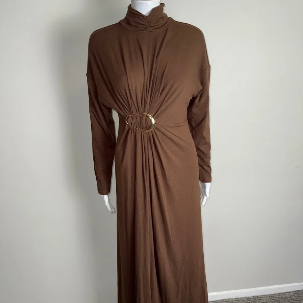 Commense Brown‎ Turtleneck Maxi Dress with Gold Ring Detail Long Sleeve Size M